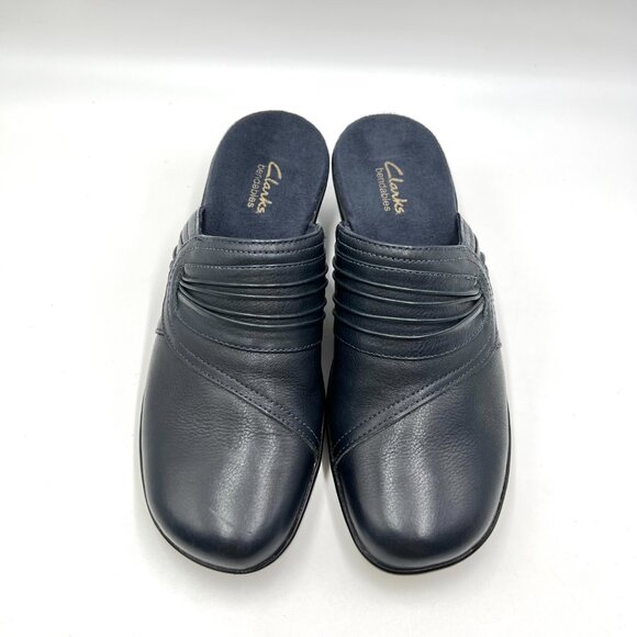 Clarks Womens Size 8.5M Dark Blue Leather Slip On Mules Clogs Shoes - Picture 2 of 15